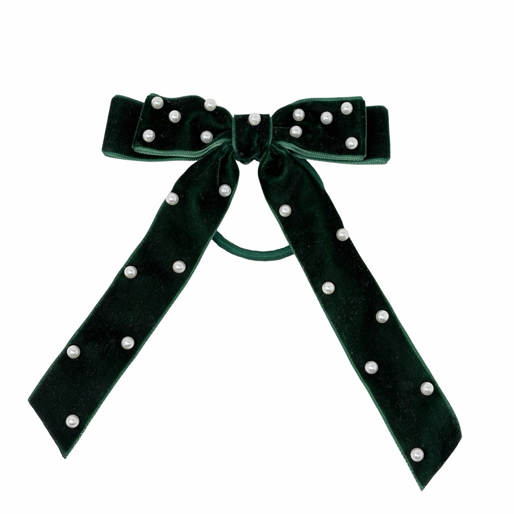 J. Crew Emerald Green Velvet Pearl Bow Hair Tie, NWOT